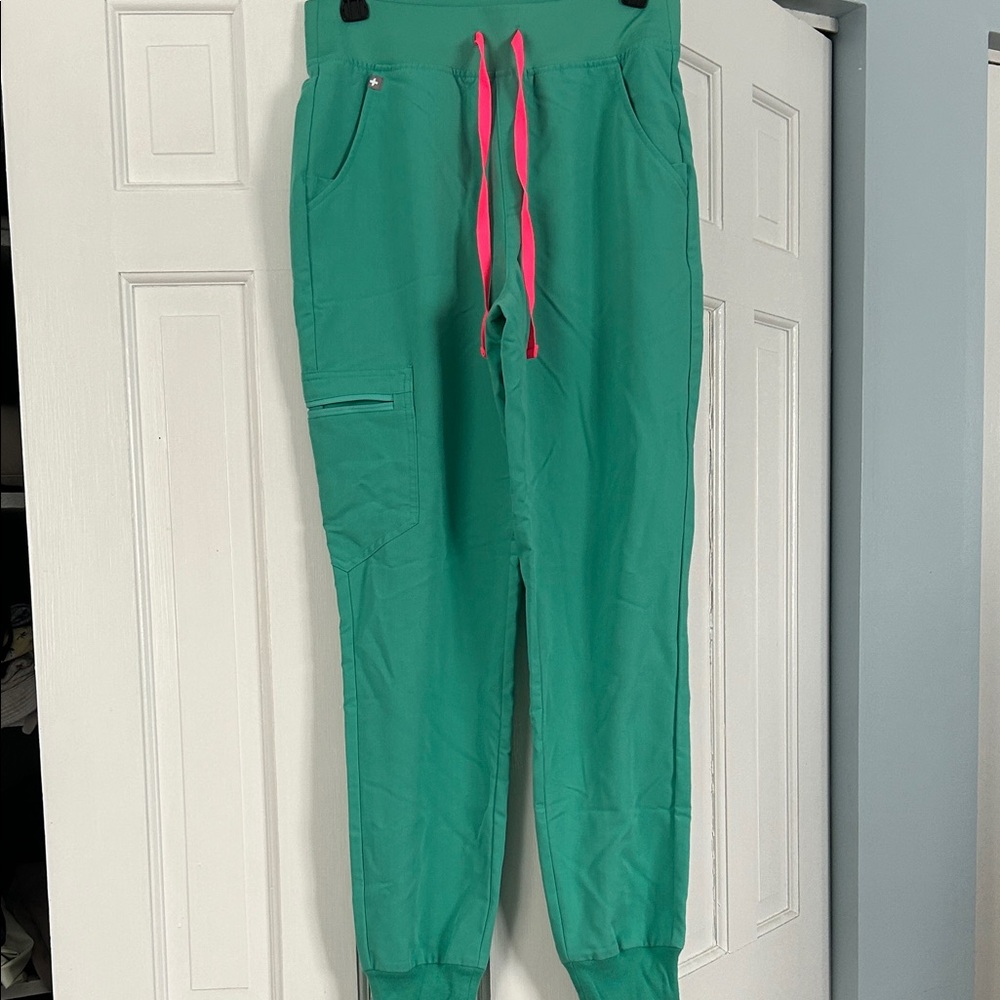 Figs Teal Jogger Scrub Pants with Hot Pink Drawstring